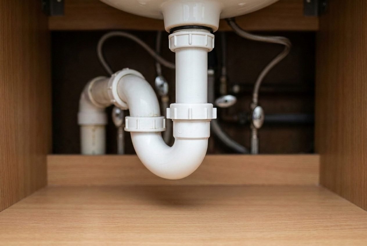 Under-sink pipe repaired, clean and dry after service