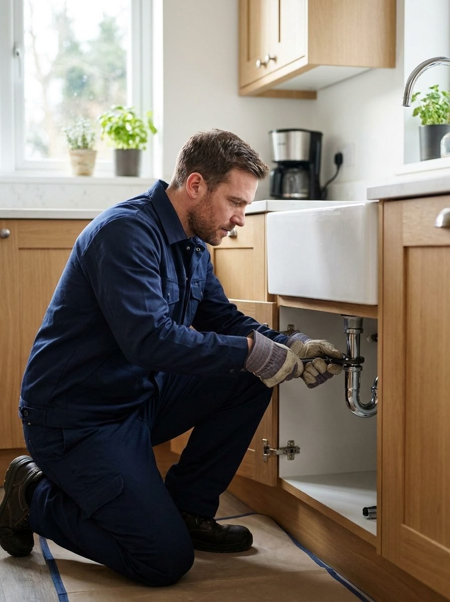 Licensed Alpha Omega Mechanical technician repairing a pipe under a kitchen sink