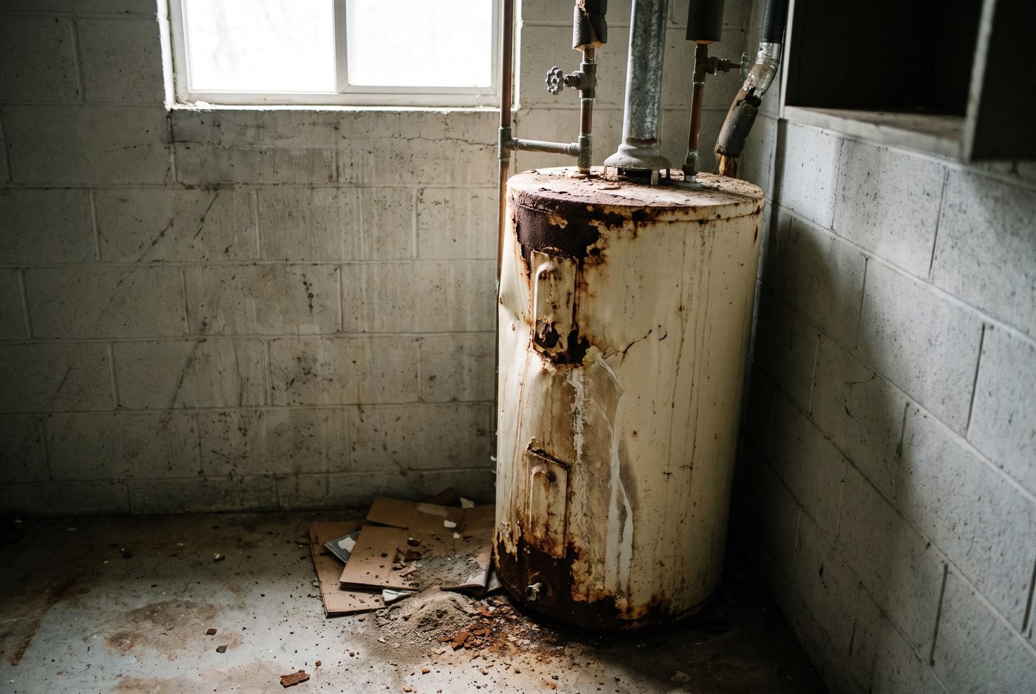 Old, corroded water heater tank before replacement